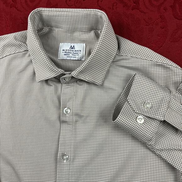 Mizzen Main Performance Shirt Mens M Green Check Trim Fit Maylard Button Lng Slv - Picture 1 of 9